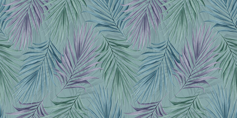 Tropical seamless pattern with pastel pink, blue, green palm leaves on mint background. Hand-drawn exotiс vintage illustration, texture. For luxury wallpapers, wrapping paper, cloth, fabric printing