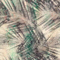 Seamless abstract print of botanical leaf shadows over abstract surface design. High quality illustration. Tropical palm leaves showing in the negative space between sunlight rays overlaid on design.
