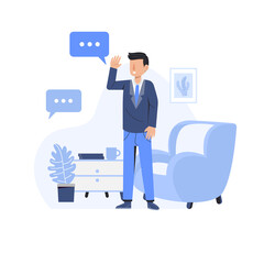 man with laptop, man working, working from home, connection error, working flat illustration, working with tables and chairs, one character