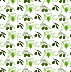 Seamless hand drawn pattern with olive branches isolated on white background. Silhouette olive tree branches for menu, greeting cards, wallpapers, covers.