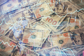 Multi exposure of forex chart drawing over us dollars bill background. Concept of financial success markets.