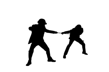 Silhouette engineer man pulling a rope isolated on a white background, Silhouette of two businessmen pull the rope.