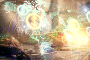 Naklejka na ściany i meble Multi exposure of man and woman working together and financial chart hologram. Business concept. Computer background.