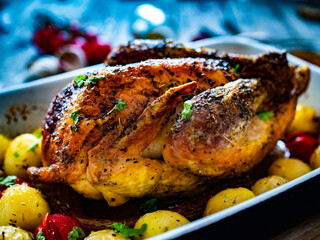 Whole roast chicken with vegetables on wooden table
