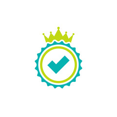 Valid Seal icon. Gold circle with royal crown and tick. Flat OK sticker icon. Isolated on white.