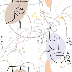 Woman Face line. Abstract drawing seamless pattern