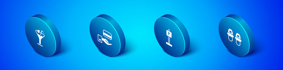 Set Isometric Martini glass, Parking, Hotel slippers and Digital door lock icon. Vector