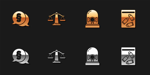 Set Law, Scales of justice, Flasher siren and Evidence bag and bullet icon. Vector