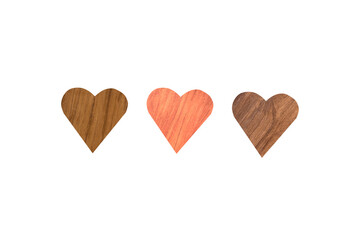 Three wooden heart shape isolated on white background. Clipping path for design