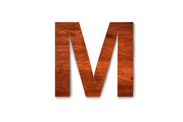 Modern wooden alphabet letter M isolated on white background with clipping path for design