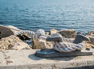 Marine rope for anchoring and docking the boat in the harbour. Sail rope tied to a mooring bollard
