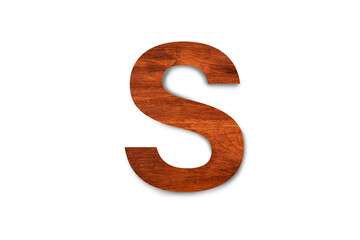 Modern wooden alphabet letter S isolated on white background with clipping path for design