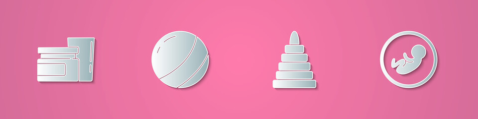 Set paper cut Baby food, Beach ball, Pyramid toy and icon. Paper art style. Vector