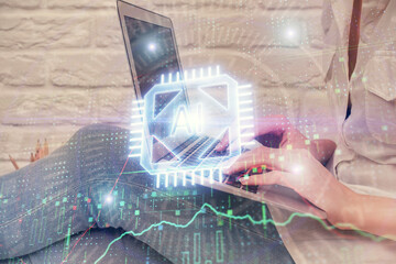 Double exposure of woman hands working on computer and data theme hologram drawing. Tech concept.