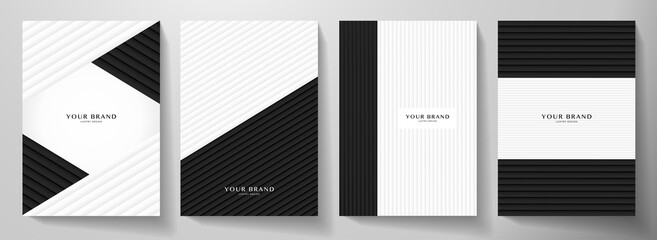 Modern black, white cover design set. Creative abstract with diagonal dynamic line pattern (stripe) on background. Premium vector collection for business brochure, catalog template, booklet layout - obrazy, fototapety, plakaty