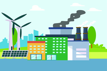 Solar panel and windmill turbine giving energy resource to the modern city. Renewable energy vector concept