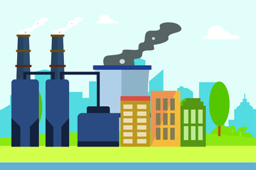 Coal power plant with smoke and modern city background. Coal Energy vector concept
