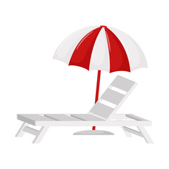 White beach sunbed and sun umbrella. A symbol of summer. A design element for vacation, summer, beach, holidays. Flat color vector illustration. Isolated on a white background. - obrazy, fototapety, plakaty
