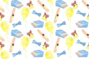 Seamless pattern with graduation attributes, watercolor illustration stack of books, butterfly, balloons, bell, graduation certificate, yellow, brown and blue color