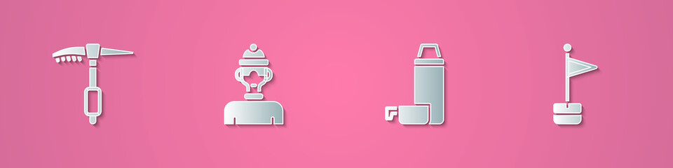 Set paper cut Ice axe, Winter athlete, Thermos container and Location marker icon. Paper art style. Vector