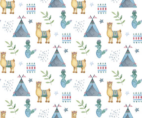 alpaca pattern, llama pattern, cute animals, scandinavian style, cactus, textile, print, clipart, watercolor llamas and alpacas, cute animals © Анна Царькова