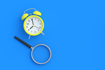 Alarm clock near magnifier on blue background. Finding free time. Copy space. Top view. 3d render