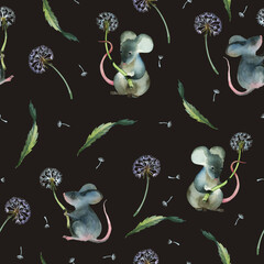 Watercolor illustration. Seamless pattern of gray mice with dandelion on dark background.