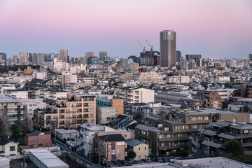 東京の風景：夕方の目黒区の東の空、冬