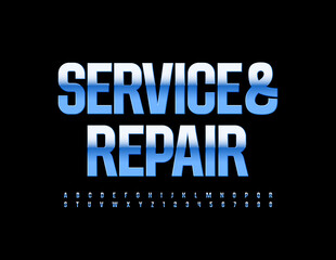 Vector business logo Service and Repair. Modern glossy Font. Blue steel Alphabet Letters and Numbers