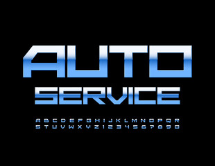 Obraz premium Vector modern logo Auto Service. Blue metal Font. Techno style Alphabet Letters and Numbers set