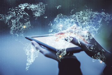 Double exposure of social network sketch hologram and woman holding and using a mobile device.