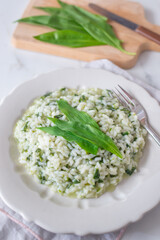 Spring food; Delicious risotto with asparagus and wild garlic