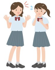 会話する女子学生（全身・困る）