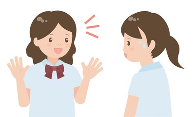 会話する女子学生（上半身・困る）