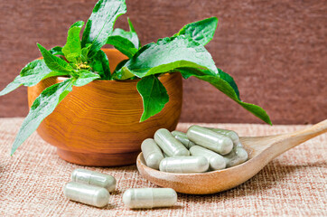 Pile of herbal medicine capsules in wooden spoon with green leaf.