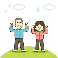 ストレッチする元気な中年夫婦のイラスト