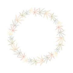 Cannabis leaves. Linear color vector round wreath frame isolated on white background.
