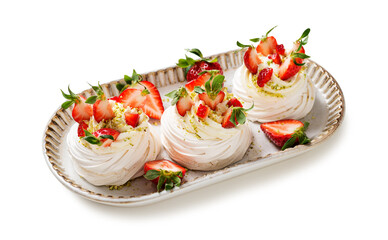 Perfect mini Pavlova cake with whipped mascarpone cream and fresh strawberry slices, sprinkled with crushed pistachios. isolated on white background
