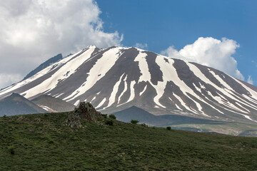 A view of Mount Erciyes near Kayseri in the Cappadocia region of Turkey. Traces of snow can be seen clinging to the valleys of the mountain.