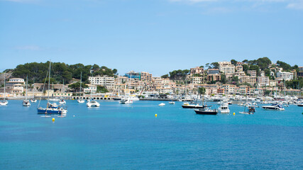Spain. Majorca. Port of Soller. View of the yachts standing in the bay	