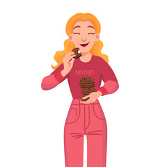 No diet day. A woman holds a plate of cookie in her hands. International no diet day concept. Body positive vector illustration.
