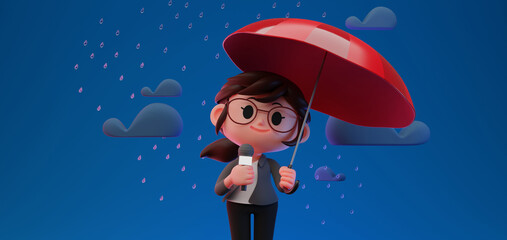 3D render illustration of cute  Weather Forecast Women Reporter character holding a microphone and an umbrella in rain, rainy day