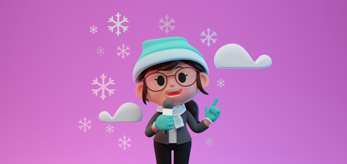 3D render illustration of cute  Weather Forecast Women Reporter character in warm cloth  speaking on microphone in cold winter, snowy day
