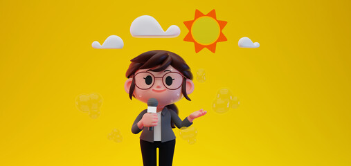 3D render illustration of cute  Weather Forecast Women Reporter character wearing eyeglasses holding microphone in hot summer, sunny day