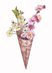 Watercolor illustration of blossoming cherry and sakura twigs with pink and white flowers in a paper cone bag with a brown ornament isolated on a white background