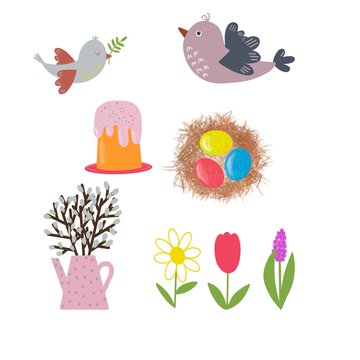 Easter set. Eggs, flowers, birds.