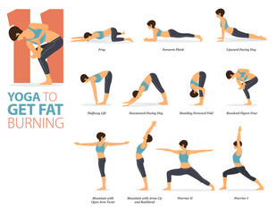 11 Yoga poses or asana posture for workout in Fat Burning concept. Women exercising for body stretching. Fitness infographic. Flat cartoon vector - obrazy, fototapety, plakaty