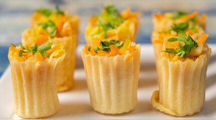 Close up view of Malaysian Peranakan Chinese thin and crispy pastry tart shell appetizer dish or locally known as 