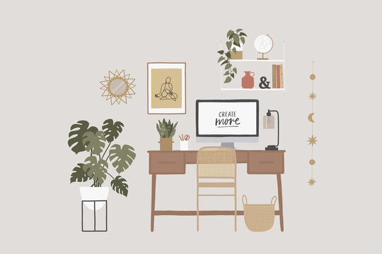 Home office illustration. Boho interior design. Workplace room, studio. Colorful vector illustration in flat cartoon style.