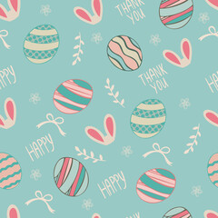 Easter eggs composition hand drawn on a light blue background. Decorative pattern from eggs with doodle leaves.